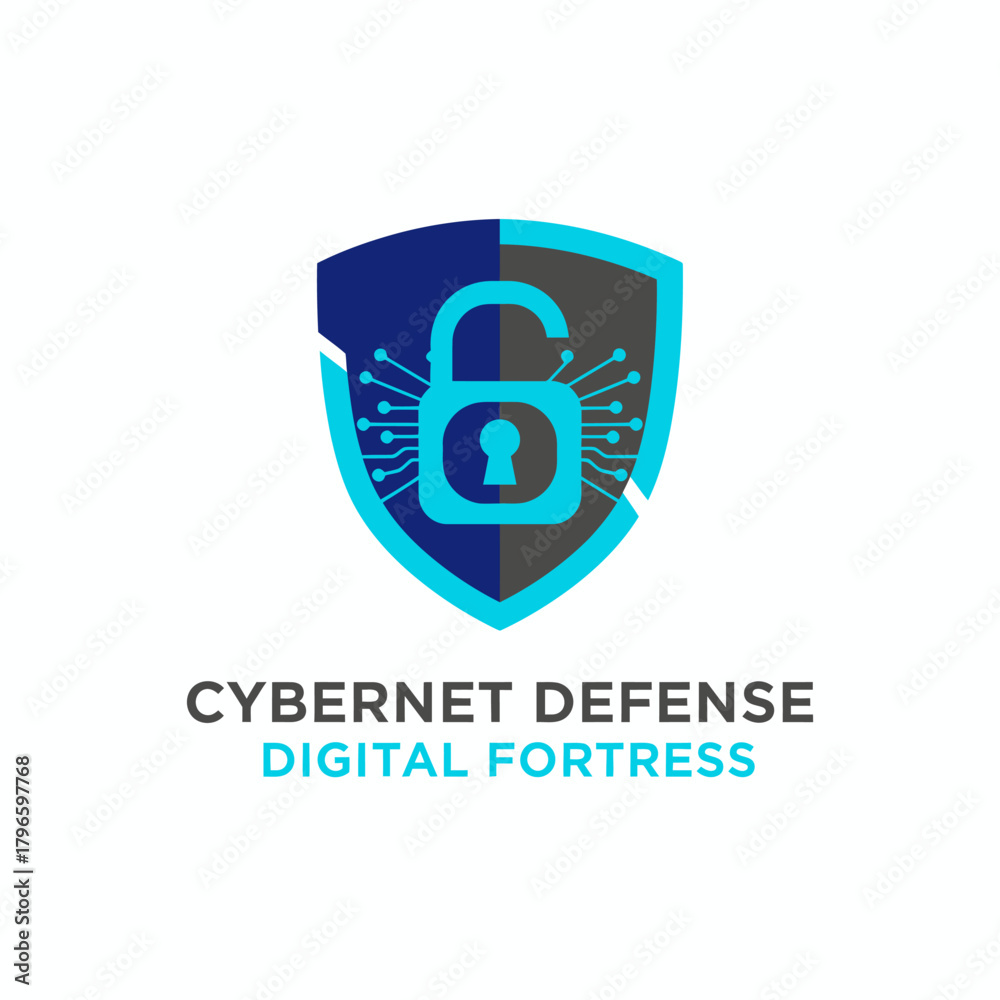 Obraz premium A digital shield logo features a lock integrated with circuit board elements, signifying protection