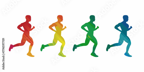 Four colorful runners in silhouette form a dynamic line across a white background