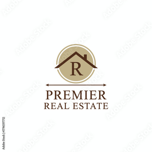 A logo featuring a house icon with a letter, surrounded by a circle and horizontal arrows, and text