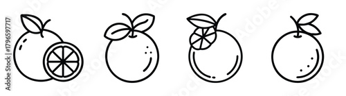 Four hand-drawn orange fruit icons with leaves and slices for graphic design projects