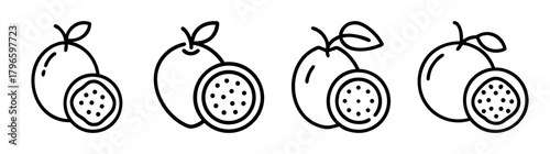 Hand-drawn style passion fruit icons set whole and halved tropical fruit graphics