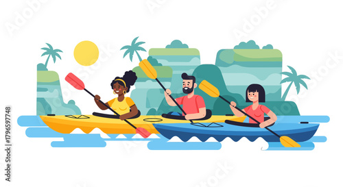 Group Of Friends Kayaking And Having Fun In The Tropical Island Sunny Environment