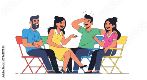 Group Of Friends Laughing And Socializing Together On Comfortable Chairs Enjoying The Moment