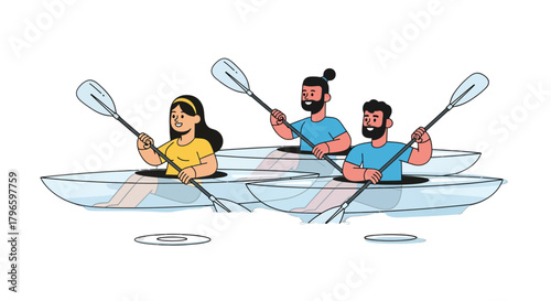 Group Of Friends Kayaking Together Enjoying Recreational Outdoor Activities