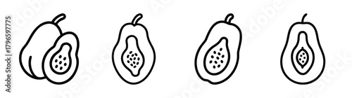 Hand-drawn pawpaw fruit images line art showing whole and halved papayas