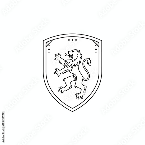 A heraldic design depicts a lion rampant on a shield; outlined in black on a white background