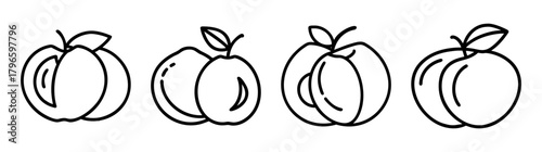 Set of four hand-drawn line art peaches with leaves and stems appealing fresh fruit