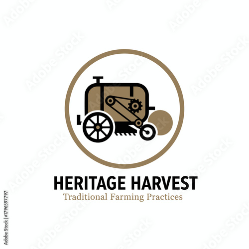 A vintage farm machine within a circle; brown, black, and white elements evoke agricultural simplicity
