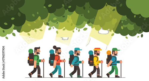 Group Of Hikers Traversing The Forest Path Beneath The Verdant Canopy Seeking Adventure