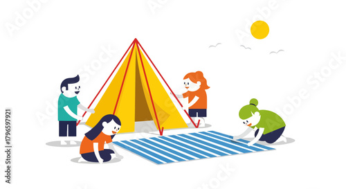 Group Of Friends Setting Up Tent Outdoors Under the Warm Evening Sky