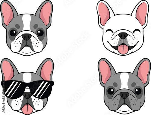 Adorable French Bulldog Dog Head Faces Set with Various Expressions, Including Sunglasses and Happy Smile Vector.