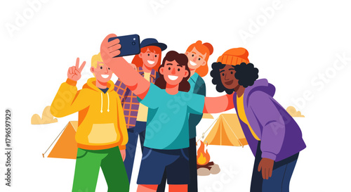 Group Of Friends Taking A Selfie While Camping Together Outdoors At Night