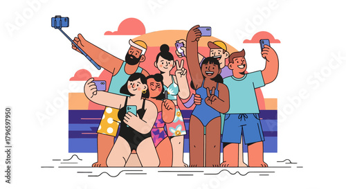 Group Of Friends Taking A Selfie With A Stick On The Beach Near The Sunset