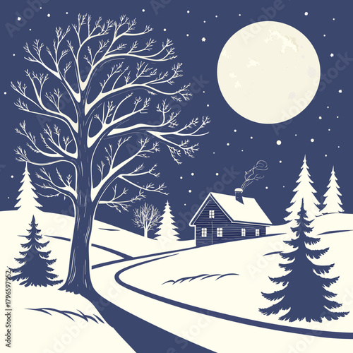 Cozy winter cabin under a full moon and starry night sky