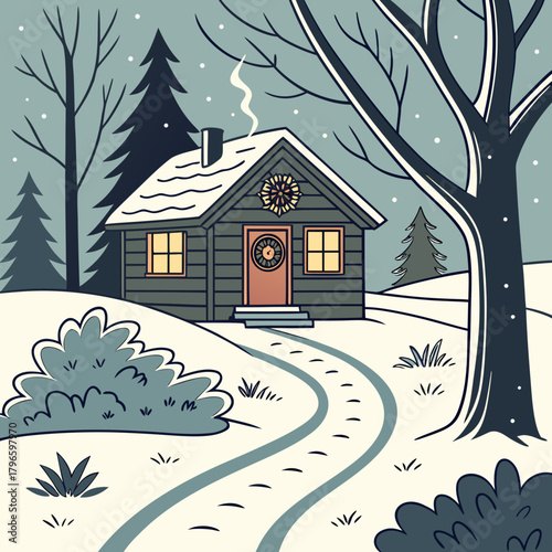 Cozy winter cabin with smoke rising from the chimney and a snowy path