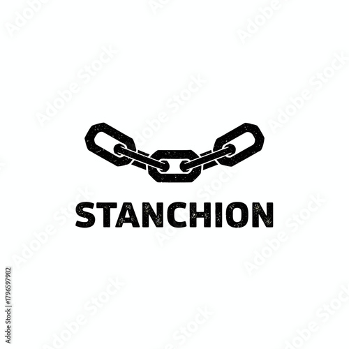 A grayscale illustration of a chain suspended above the word "STANCHION". The design appears distressed