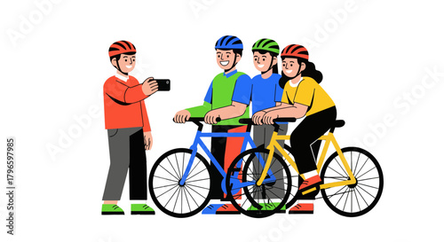 Group Of Friends Taking Selfie While Cycling Recreationally In Graphic Style