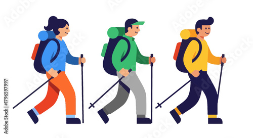 Group Of Hikers Walking Together During The Day With Backpacks And Trekking Poles