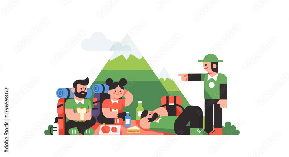 Naklejka premium Group Of Hikers With A Guide Enjoying A Meal With Mountain View Background