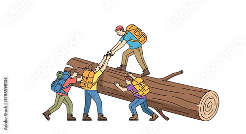 Group Of Hikers Actively Assisting Each Other Across A Large Tree Log Obstacle