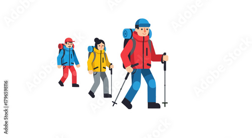 Group Of Hikers Adventure Through The Great Outdoors With Backpacks And Poles Together