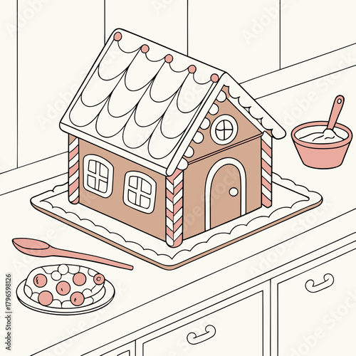 Gingerbread house decoration with icing and candy on kitchen counter
