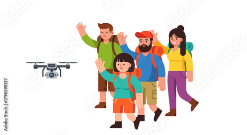 Group Of Hikers Waving At A Drone Capturing Memorable Moments With Modern Technology