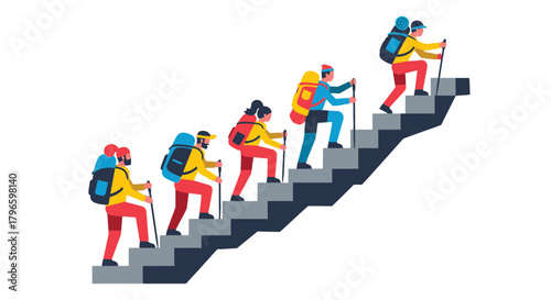 Group Of Hikers Ascend Abstract Stairs, Following The Pathway With Teamwork and Success