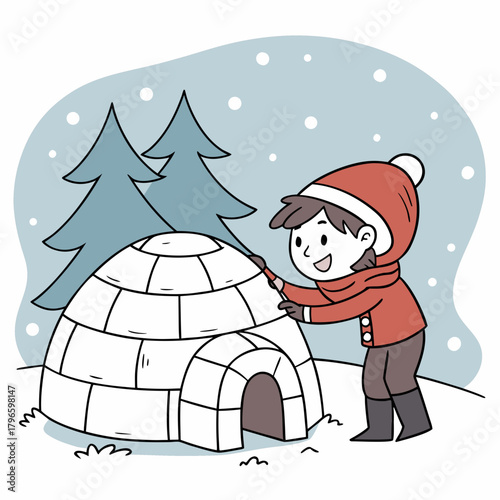 Happy child building an igloo in a snowy winter landscape