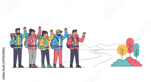Group Of Hikers Waving Welcome in Colorful Outdoors Scene and Mountainous Landscape