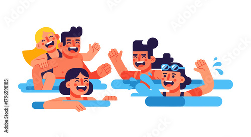 Group Of Joyful People Swimming and Having Fun In The Pool Illustrative Composition
