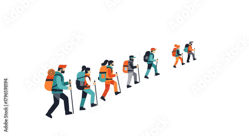 Group Of Hikers Ascend A Hillside, Symbolizing Perseverance And Adventure