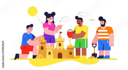Group Of People Building Sandcastle On Sunny Beach With Black Background
