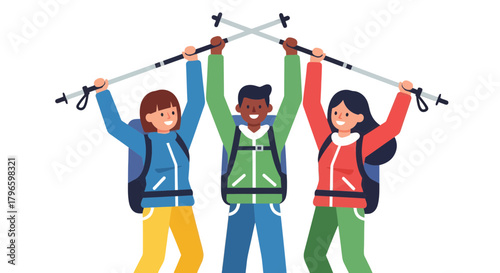 Group Of Hikers Celebrating Success With Trekking Poles On A Black Background Adventure