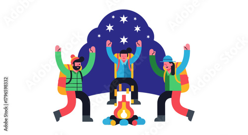 Group Of Hikers Celebrating Around A Campfire Under A Starry Night Sky