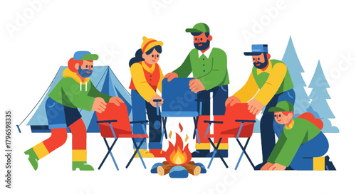 Group Of People Camping Together Around Campfire Ready For Outdoor Activities
