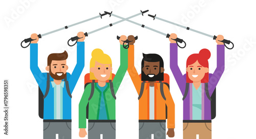 Group Of Hikers Celebrating Success With Walking Poles Against A Black Backdrop