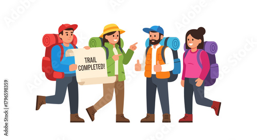 Group Of Hikers Celebrating Trail Completion Success With Backpacks and Cheers