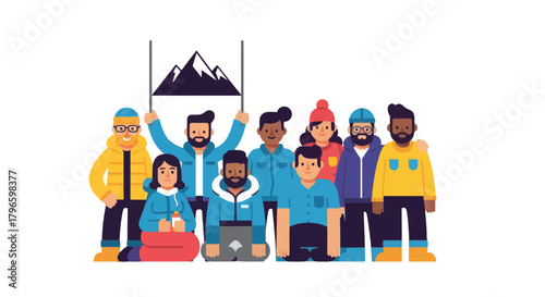 Group Of People Celebrating Adventure With The Mountain Peaks In The Background