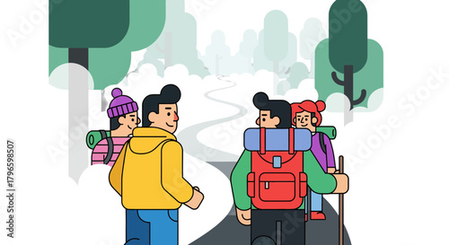 Group Of Hikers Embarking On Adventure Along A Winding Trail Through The Forest