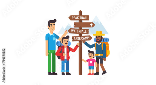 Group Of People Discovering Directions On A Trek, Hiking And Outdoor Adventure