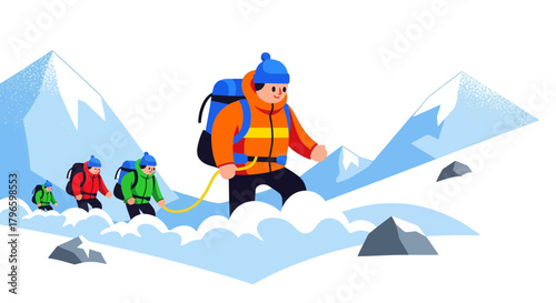 Group Of People Climbing Up A Snowy Mountain With a Black Background Illustration