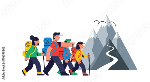 Group Of Hikers Embarking Towards The Summit With Mountainous Adventure Ahead