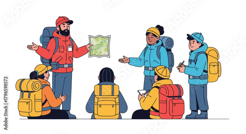 Group Of Hikers Exploring A Map Planning Their Adventure In The Mountains Successfully