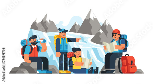 Group Of Hikers Exploring Mountainous Terrain With Backpacks And Maps Adventure