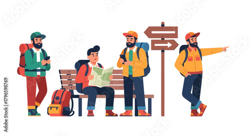 Group Of Hikers Exploring Nature With Map And Directional Signs In Adventure Exploration