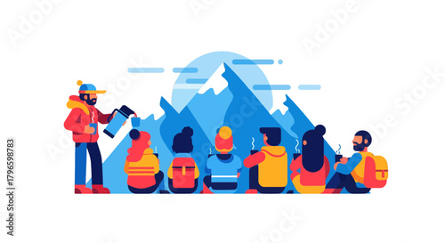 Group Of People Enjoying Beverages In Front Of Majestic Mountain Illustration