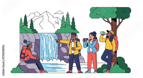 Group Of Hikers Exploring Nature's Wonders Near A Tranquil Waterfall Scene