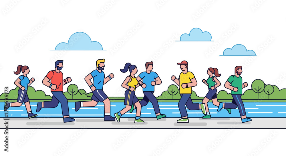 Fototapeta premium Group Of People Jogging Together At Dusk Near A River With Nature Surrounding Theme