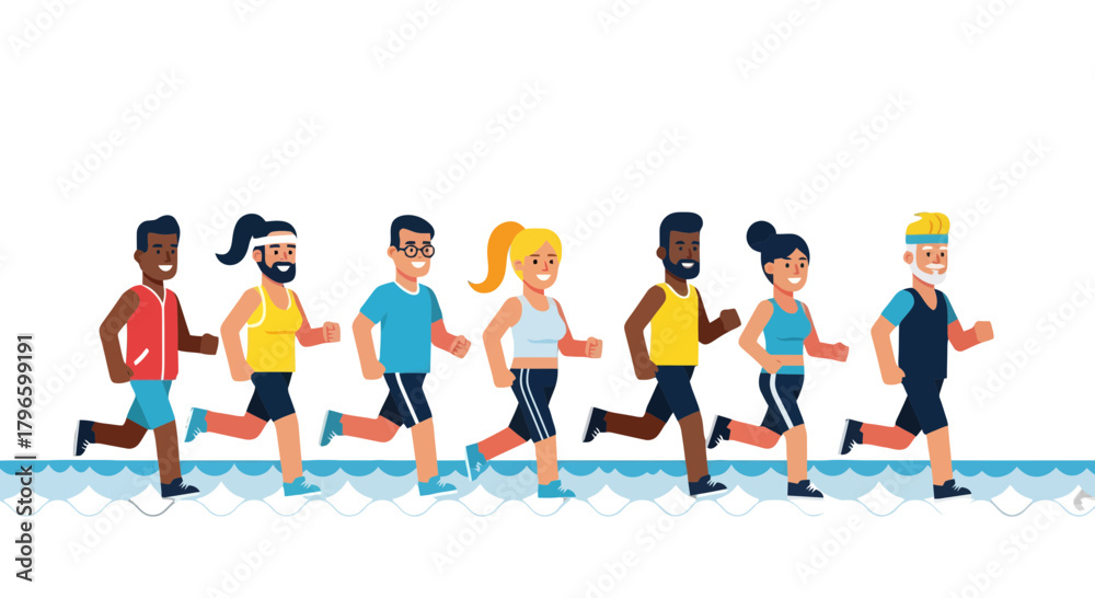 Obraz premium Group Of People Jogging On Ocean, Promoting Health And Wellbeing Activities